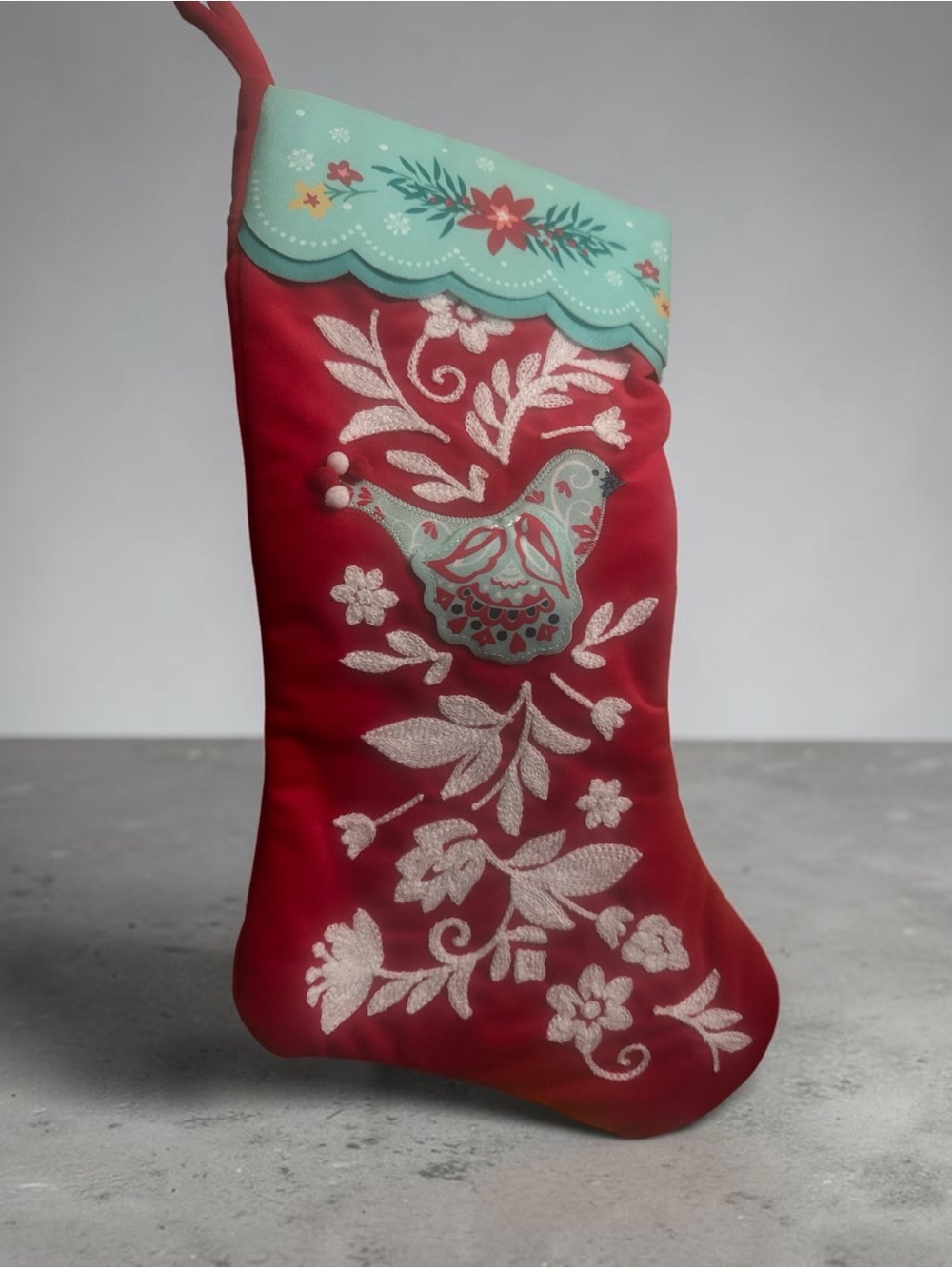 NWOT The Pioneer Women Festive Red & Teal Embroidered Holiday Stocking